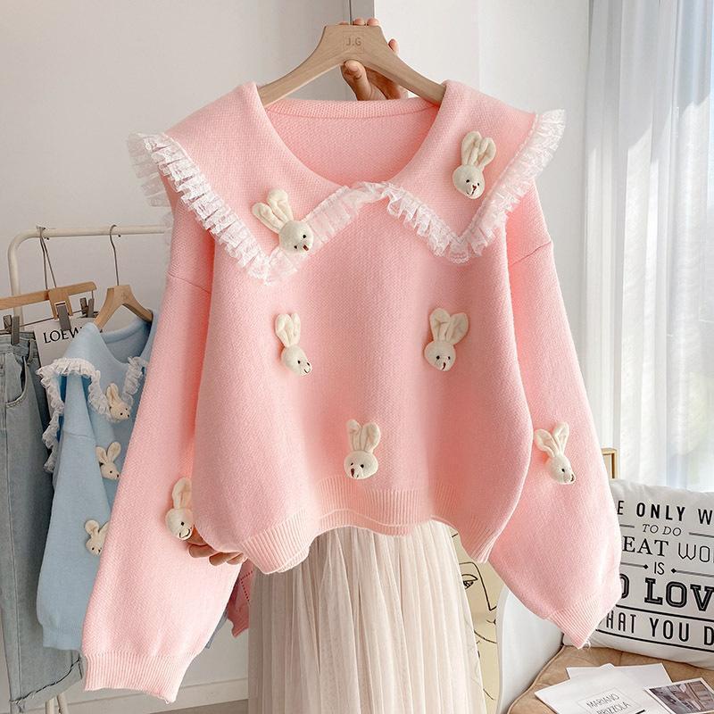 เสื้อกันหนาว คอตุ๊กตา แต่งลูกไม้ ทรงหลวม ลายกระต่าย สามมิติ แฟชั่นฤดูใบไม้ร่วง และฤดูหนาว สําหรับผู้หญิง