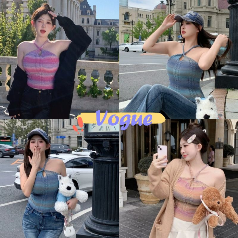 Vogue🌟พร้อมส่ง🌟 เสื้อสายเดี่ยว คล้องคอลายไล่สีพาสเทล (M1145)