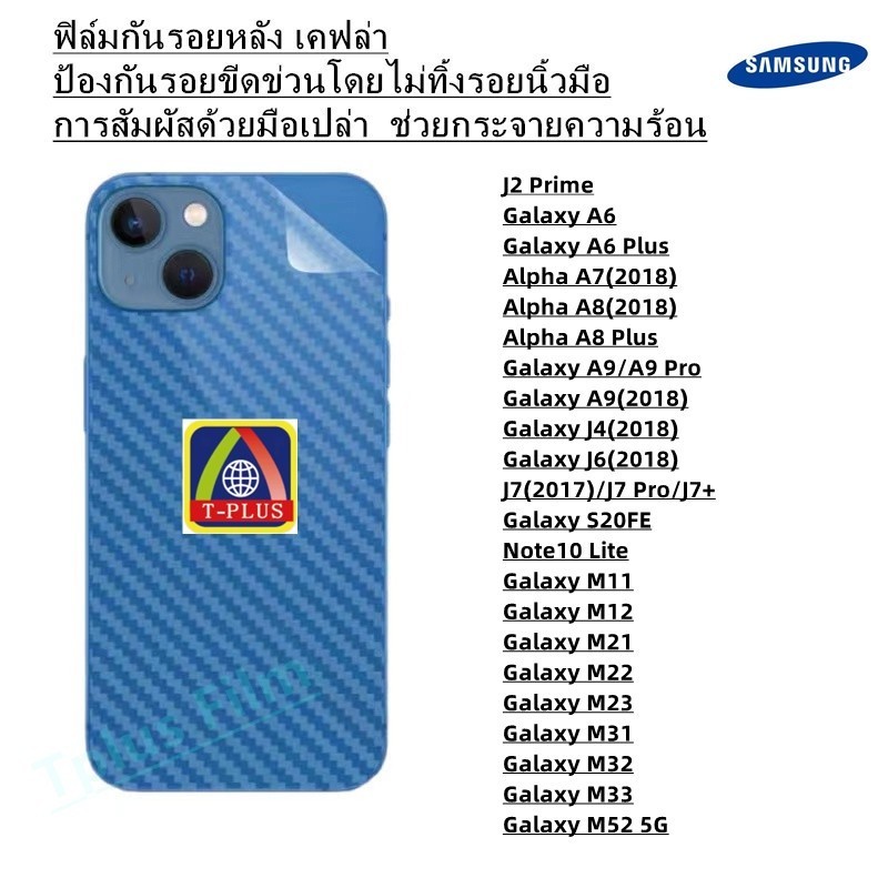 ฟิล์ม ฟิล์มกันรอยหลัง ใช้สำหรับซัมซุง โทรศัพท์มือถือ เคฟล่า ทุกรุ่น! GalaxyA6-2018 A8Plus Note9 10Lite S20FE J2Prime M12