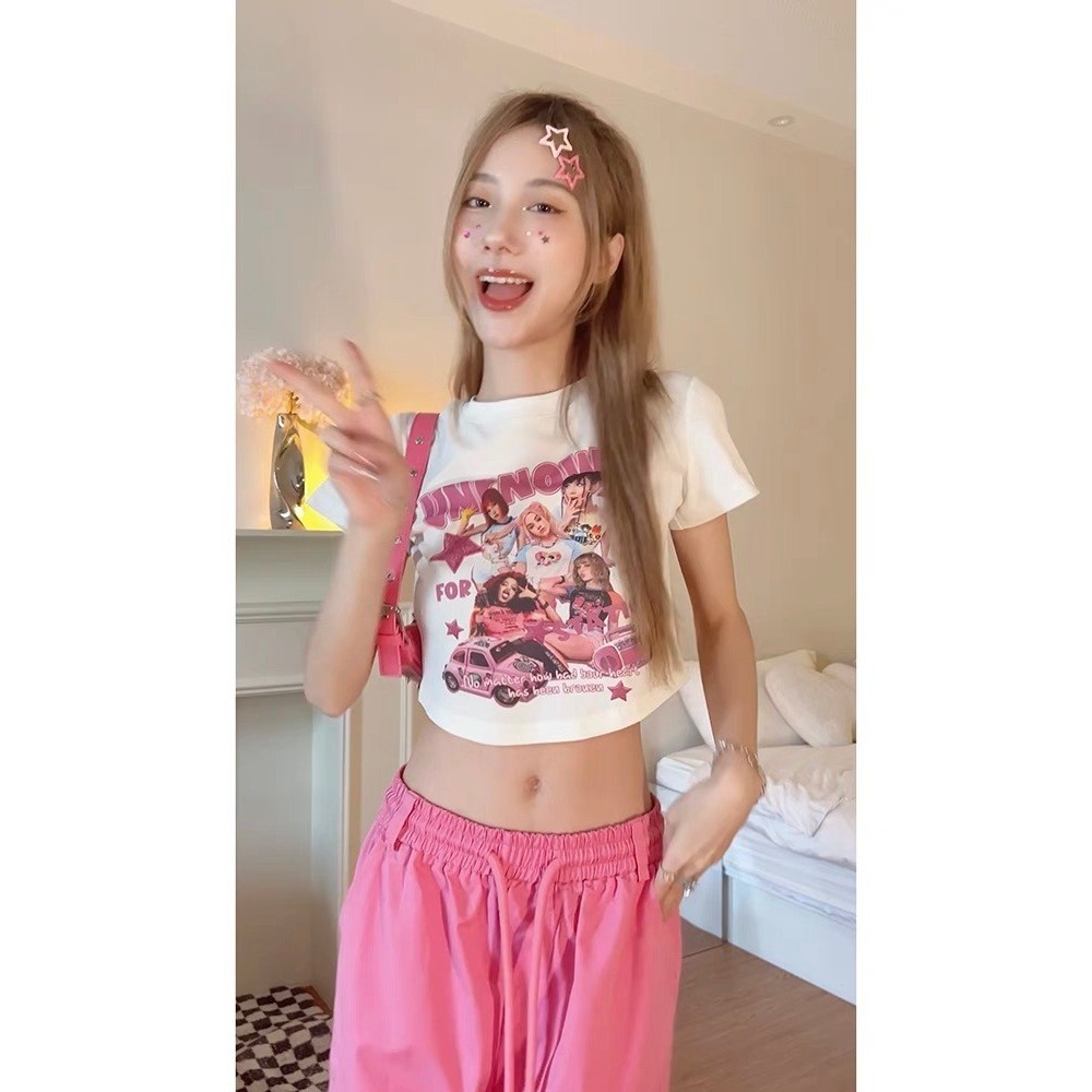 เสื้อยืดแขนสั้น K79 เอวลอย ทรงสลิมฟิต สําหรับผู้หญิง และนักเรียน ลายการ์ตูน เข้ากับทุกการแต่งกาย แฟชั่นฤดูร้อน