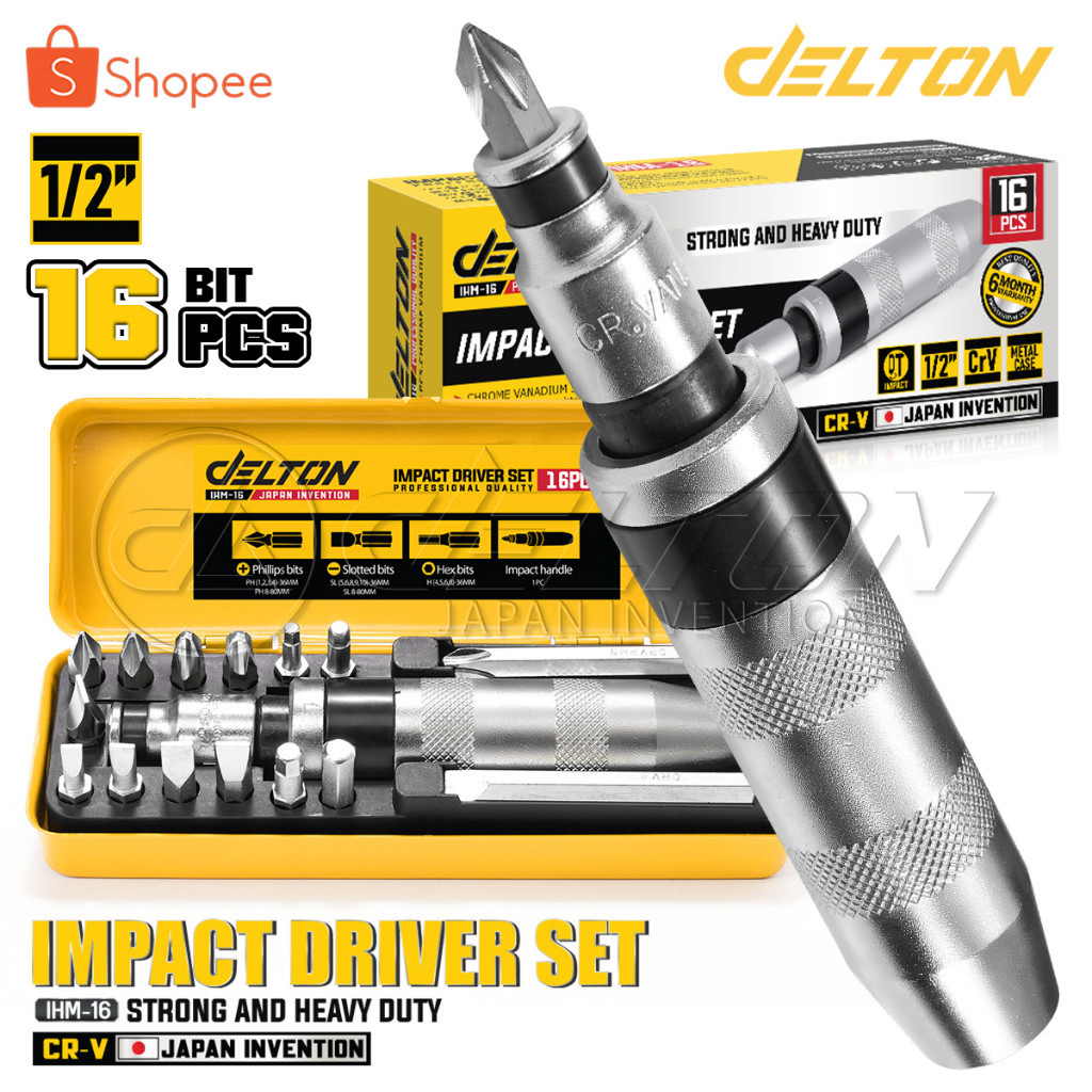 DELTON ไขควงตอกกระแทก พร้อมดอกไขควง 16 ดอก เกรดเหล็ก CRV แท้ใช้ขันน็อต-คลายน็อต ที่ขันแน่น พร้อมกล่องเหล็ก รุ่น IHM-16