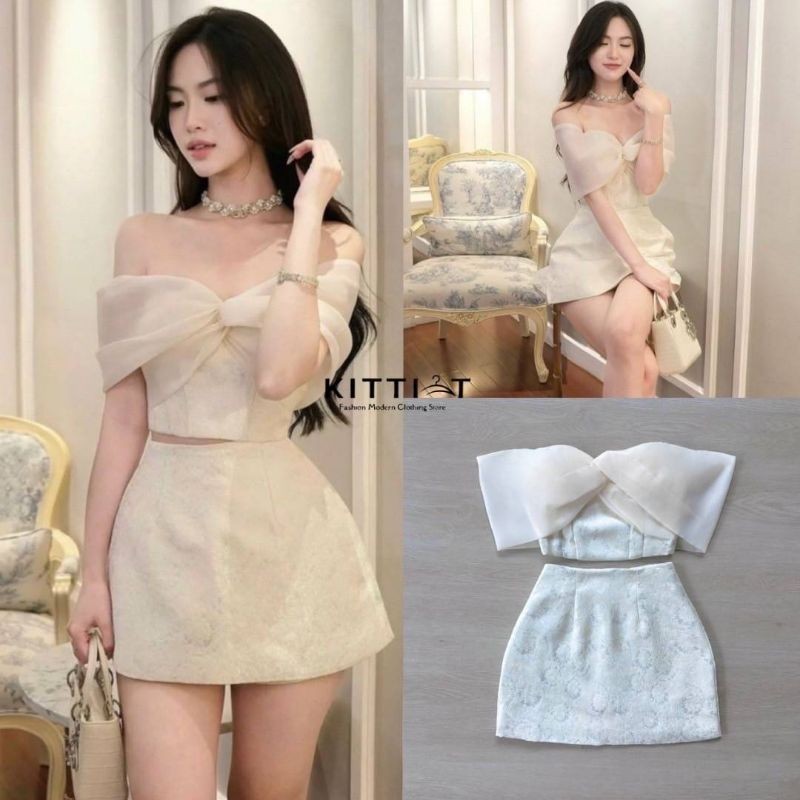 KITTI-Tset2 ชิ้น โบว์เปิดไหล่สามารถใส่เป็นแบบเกาะอกตัวกระโปรงทรงเอวสูง