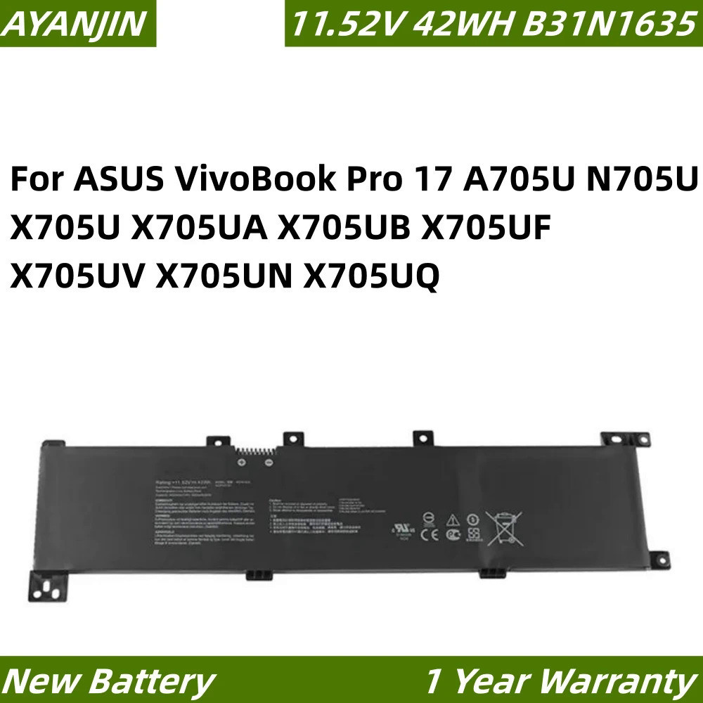 B31N1635 11.52V 42WH แบตเตอรี่แล็ปท็อปสำหรับ ASUS VivoBook Pro 17 A705U N705U A705UA X705UN X705UA X