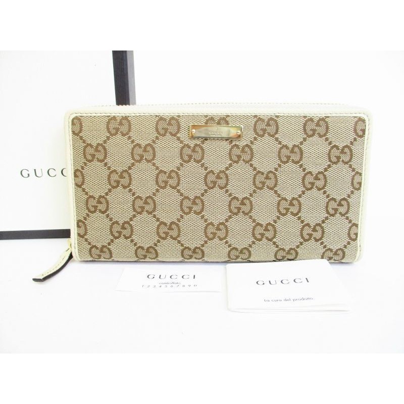 Authentic GUCCI GG Brown Canvas White Leather Round Zip Long Wallet #8474  Pre-owned