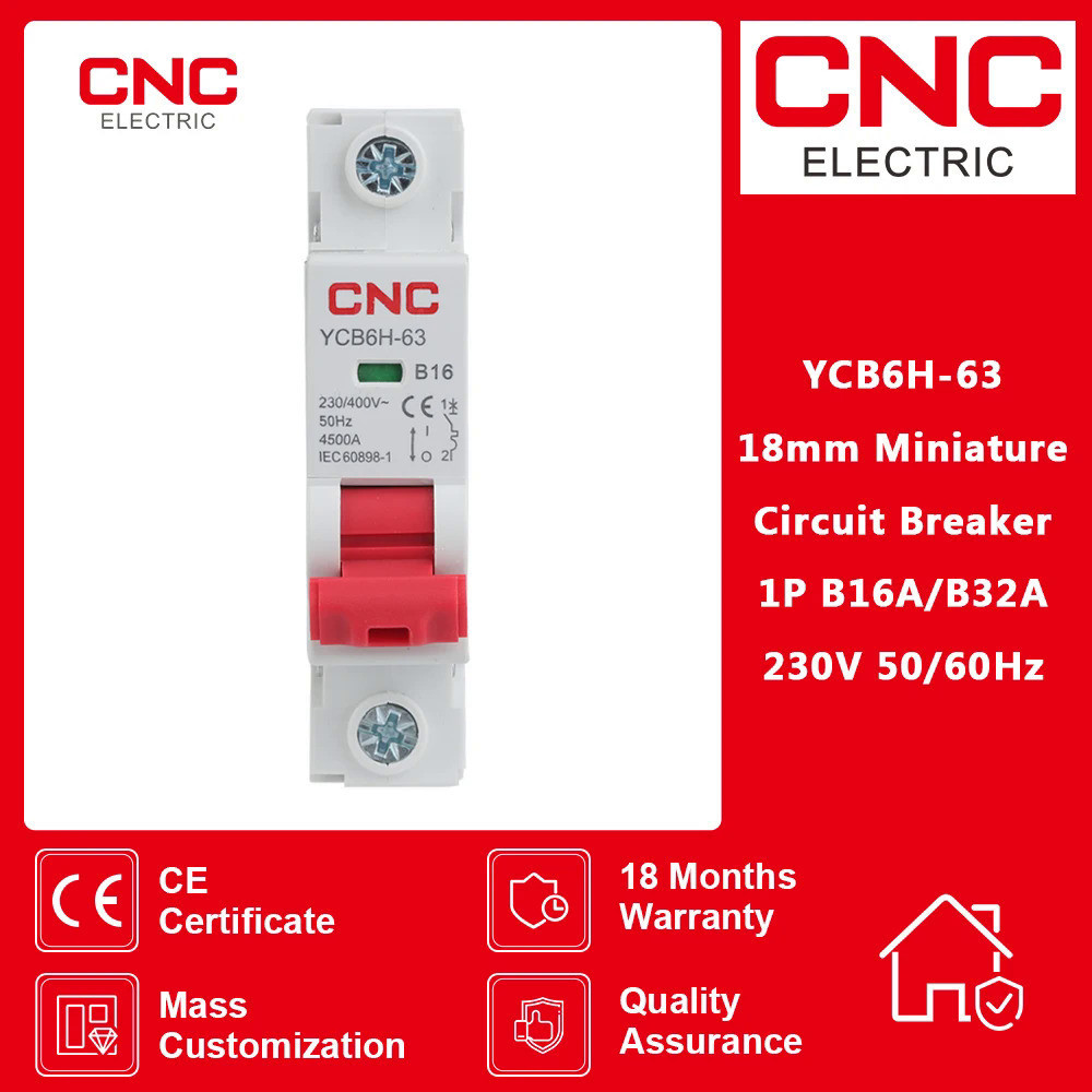 CNC YCB6H-63 1จุด B เส้นโค้ง18มิลลิเมตรตัดวงจรขนาดเล็ก MCB 1ขั้วโลก Din R Ail เมาทำลายความจุ B16A/B3