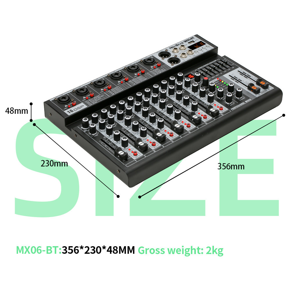 NEW BAXS 6 ช่องโทนเสียง MX06BT AUDIO MIXER มาพร้อมกับ Equalizer 16DSP Effecter รองรับการเล่น Bluetooth / USB / MP3