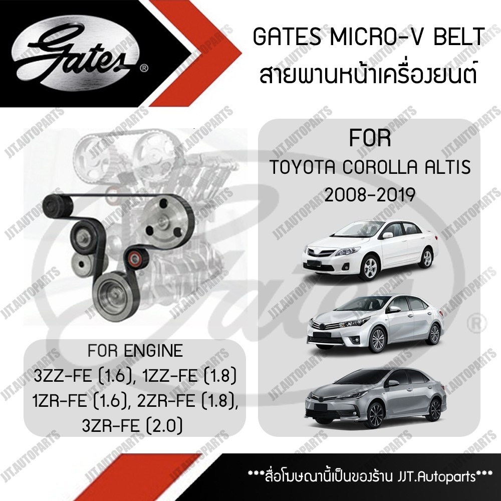 GATES MICRO-V BELT สายพานหน้าเครื่อง TOYOTA COROLLA ALTIS 2008-2017 เครื่องยนต์ 1ZZ-FE, 3ZZ-FE, 1ZR-