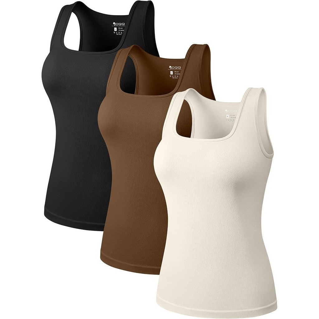 FashionOQQ Women's 3 Piece Tops Square Neck Stretch Fitted Layer Tee Shirts Sleeveless Tank Tops