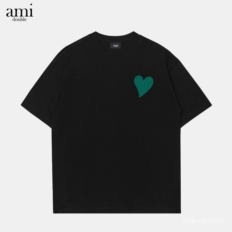 【High quality】Ami Men and Women Lovers Cotton Green Love Fashion Joker Short Sleeve Men and Women Ca