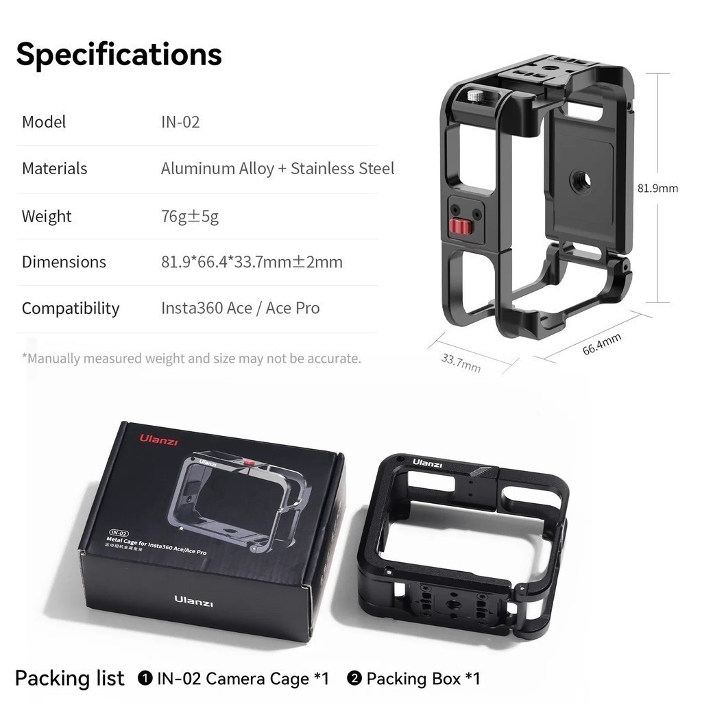 Ulanzi IN02 Metal Cage เคส Insta360 Ace/ Ace Pro มีช่องถอดแบต พร้อม Cold Shoe ต่อไฟเซลฟี่ ไมค์