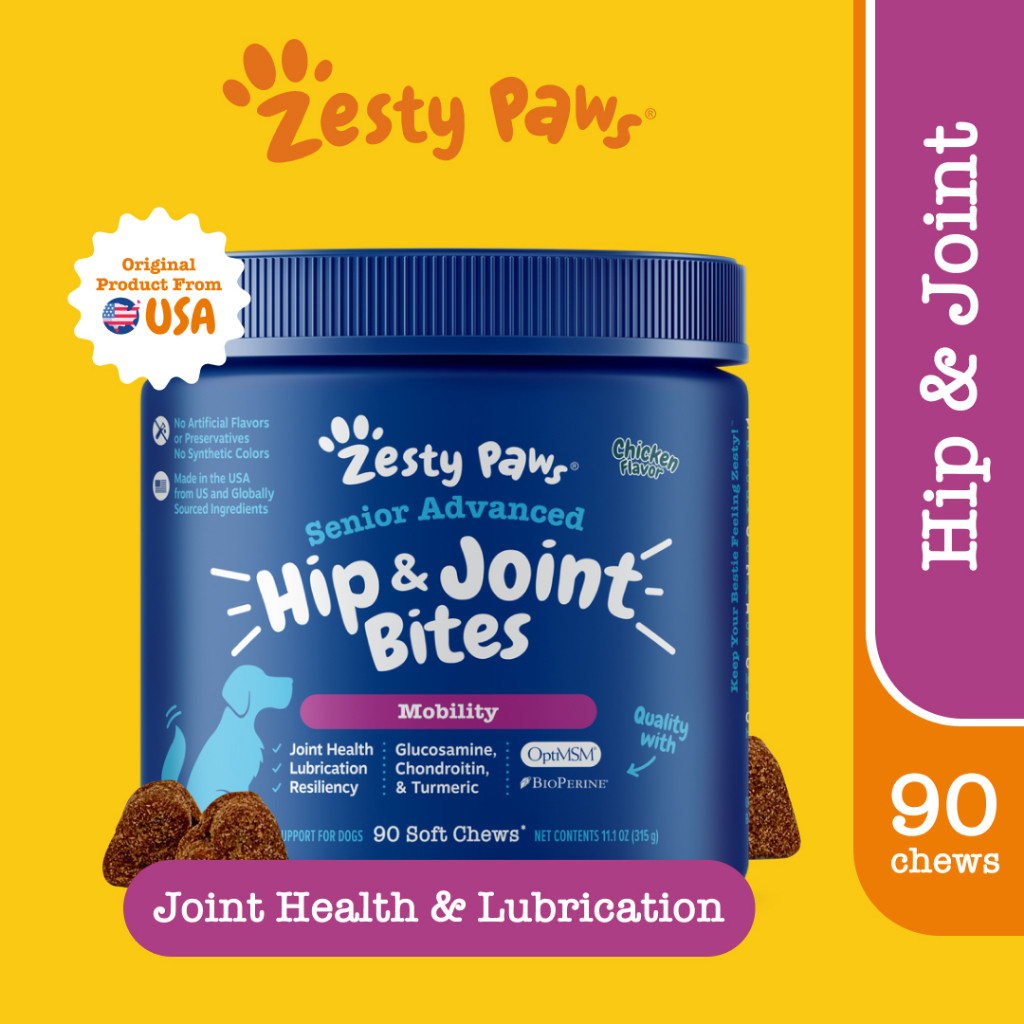 Zesty Paws Advanced Mobility Bites Hip & Joint Support [รสไก่] (แบบนุ่ม 90 เม็ด) (หมดอายุ:10 2026) [อาหารเสริมกล้ามเนื้อสำหรับสุนัข ดูแลสุขภาพกระดูก เพิ่มการหล่อลื่น ความยืดหยุ่น]