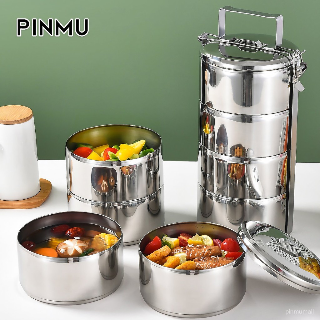 PINMU 304 อาหารเกรดสแตนเลสหลายชั้นกล่องอาหารเบนโตะความจุขนาดใหญ่ไม่เก็บความร้อนนักเรียนตะกร้า