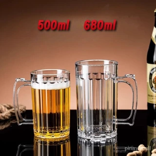 PINMU แก้วเบียร์คริลิค 500ml 680ml บาร์ที่มีมือจับขนาดใหญ่พลาสติกผูกเบียร์แก้วพาณิชย์ป้องกันการตก