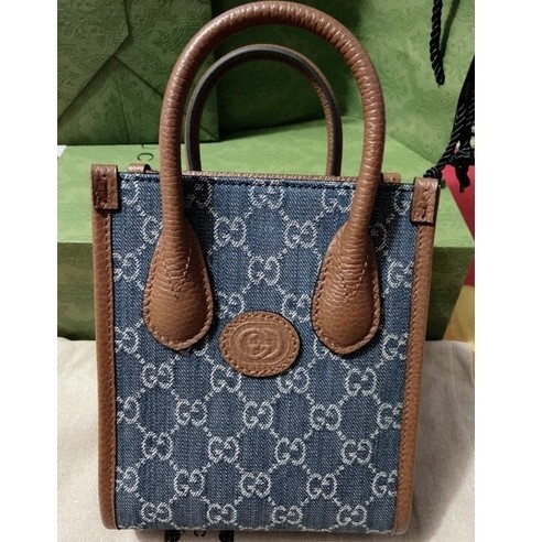 GUCCI GG มือสองกระเป๋าสะพายข้าง Retro Tote Bag กระเป๋าสะพายข้างกระเป๋าถือ Mini Unisex สียีนส์ 671623