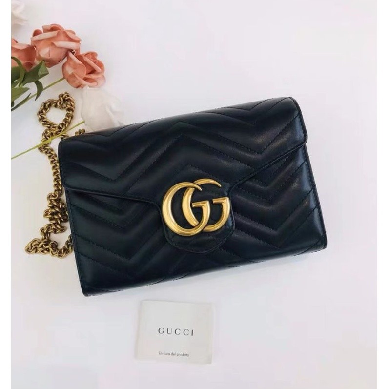 GUCCI GG Marmont WOC มือสองสีดำ MINI กระเป๋าซองจดหมายขนาดเล็กกระเป๋าโซ่กระเป๋าสะพายกระเป๋าสะพายข้าง 