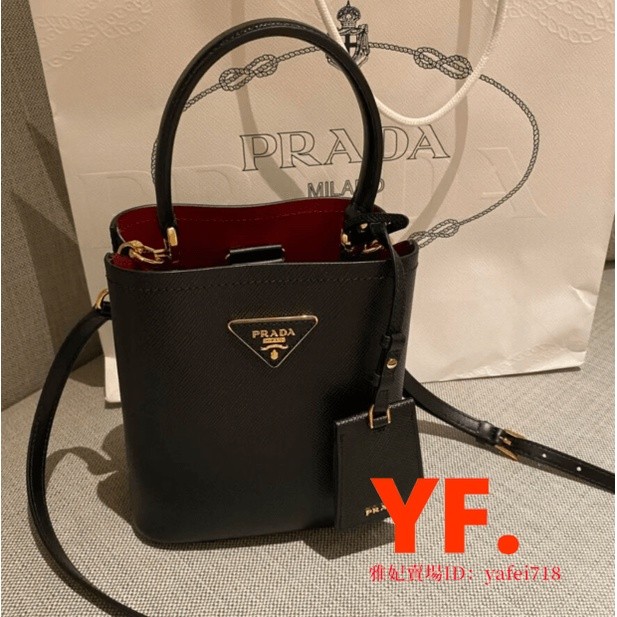 มือสอง] PRADA Double Bucket 1BA212 กระเป๋าทรงถังหนังลูกวัว/กระเป๋าสะพาย/กระเป๋าถือ