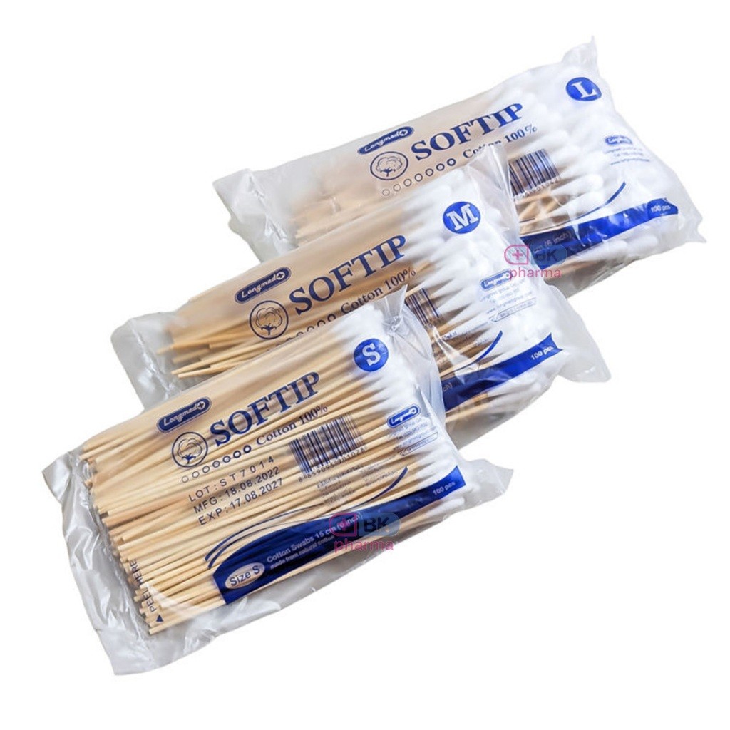 ไม้พันสำลี ก้านสำลีทำแผล Softip Longmed สำลีพันก้านไม้ สำลีก้านไม้ Cotton Swabs 100 ก้าน 1 ห่อ