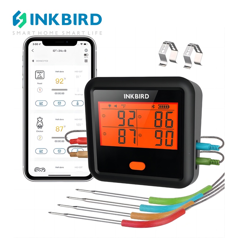 Inkbird IDT-34c-B เครื่องวัดอุณหภูมิเนื้อบลูทูธไร้สายพร้อมตัวจับเวลา LCD Backlight สําหรับเตาอบทําอาหารภายนอกย่างบาร์บีคิวย่าง