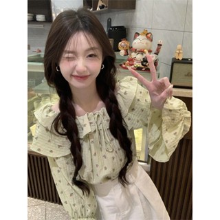 💜XL ระบายเวอร์ชั่นเกาหลี เล็กสด ชีฟองลายดอกไม้สีเขียว/น้ำเงิน แขนยาว ทรงหลวม เสื้อเชิ้ตเซ็กซี่ผูกไท เสื้อเก๋ๆ 2 ชิ้น