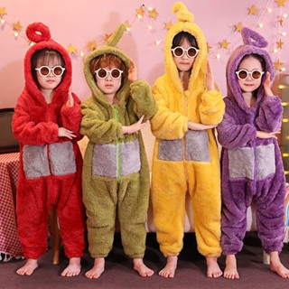 Teletubbies ชุดนอนสําหรับเด็กปะการังขนแกะจั๊มพ์สูทฤดูหนาวนักเรียนมีฮู้ดกระเป๋าเตะเด็กหนาสําหรับความอบอุ่น