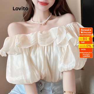 Lovito เสื้อเบลาส์พลัสไซซ์ ลำลอง สีพื้น แแต่งระบาย สำหรับสตรี LNA03129 (แอพริคอท/ม่วง)