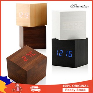 Modern Cube ไม้ Digital LED Thermometer ตั้งเวลานาฬิกาตั้งโต๊ะนาฬิกาตั้งโต๊ะ