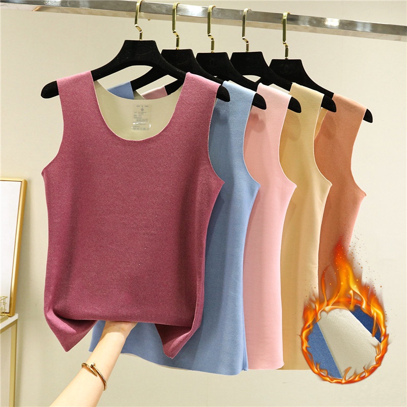 เสื้อกล้ามบุขนกำมะหยี่หนาพิเศษกันหนาวสำหรับผู้หญิงเสื้อตัวในสายเดี่ยวใส่ด้านในไร้รอยต่อ