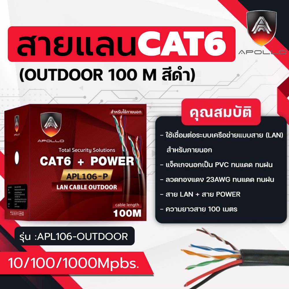 Apollo สายแลน+ไฟ CAT6 UTP รุ่น APL106P Lan+Power  Cable Outdoor สำหรับใช้ภายนอก 100m./Box สายNETWORK กล้องวงปิดCCTV