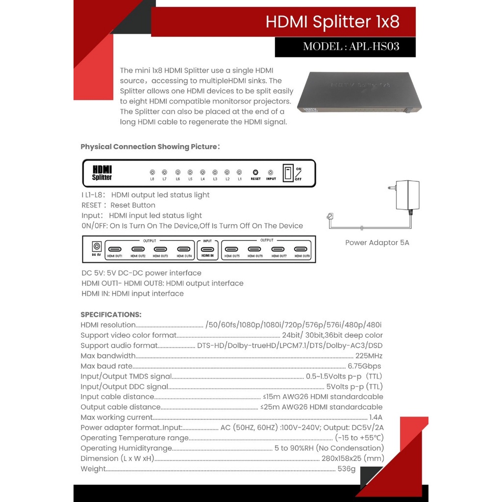 Apollo กล่องแปลงสัญญาน HDMI Splitter เข้า 1 ออก 8 HDMI Splitter 1X8 HDMI 1 In 8 Out รุ่น APL-HS03