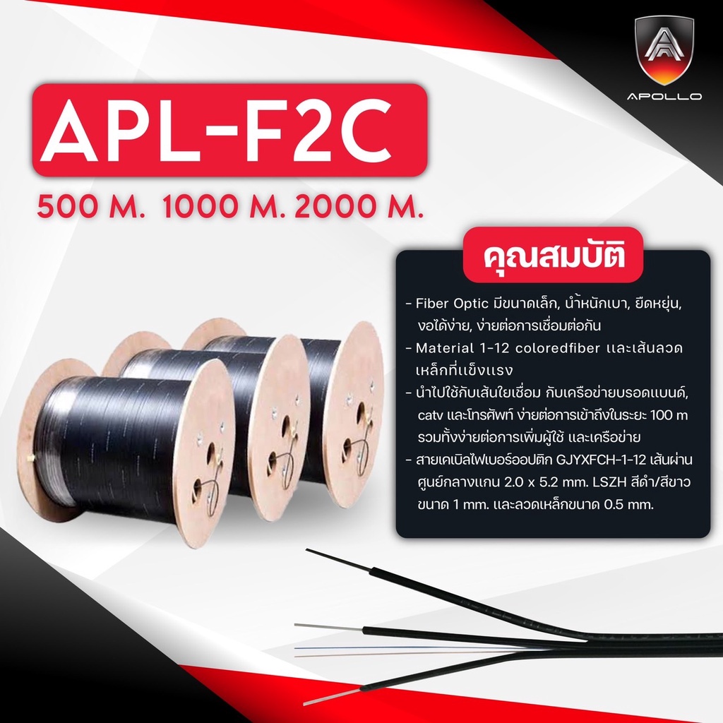Apollo สายFiber Optic 2CORE ความยาว 500M 1,000M 2,000M สายไฟเบอร์ออฟติก 2คอล์ Single Mode FTTh FTTx