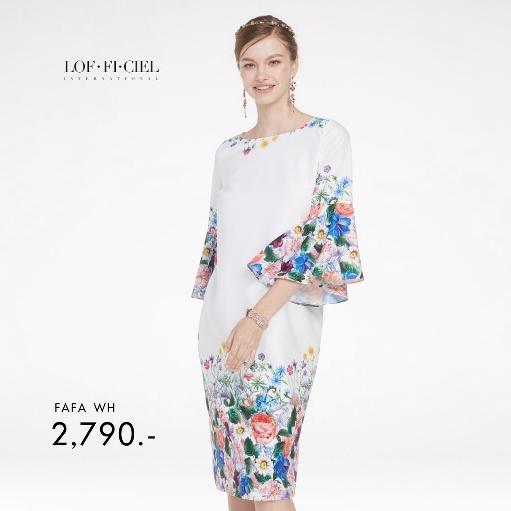 LOF-FI-CIEL Dress short Pearl Rose Multi color flower Gorgeous เดรส ทรงตรง แขนแต่งระบาย สีขาว FAFAWH