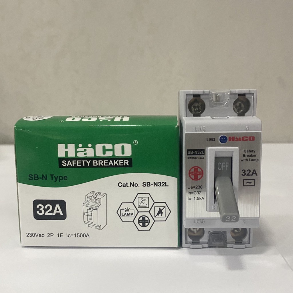 Haco เบรกเกอร์ มีสัญญาณไฟ10A, 16A 20A, 25A 32A ถูกที่สุด SB-N 32A HACO Safety Breaker ฮาโก้