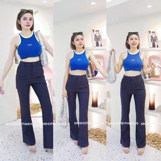 🍒ขาม้าลายริ้ว🍒กางเกงผ้าไมโครริ้วเอวสูงซิปหน้าไซส์S25-34🏷️งานป้ายFAMOUSทุกตัว💫