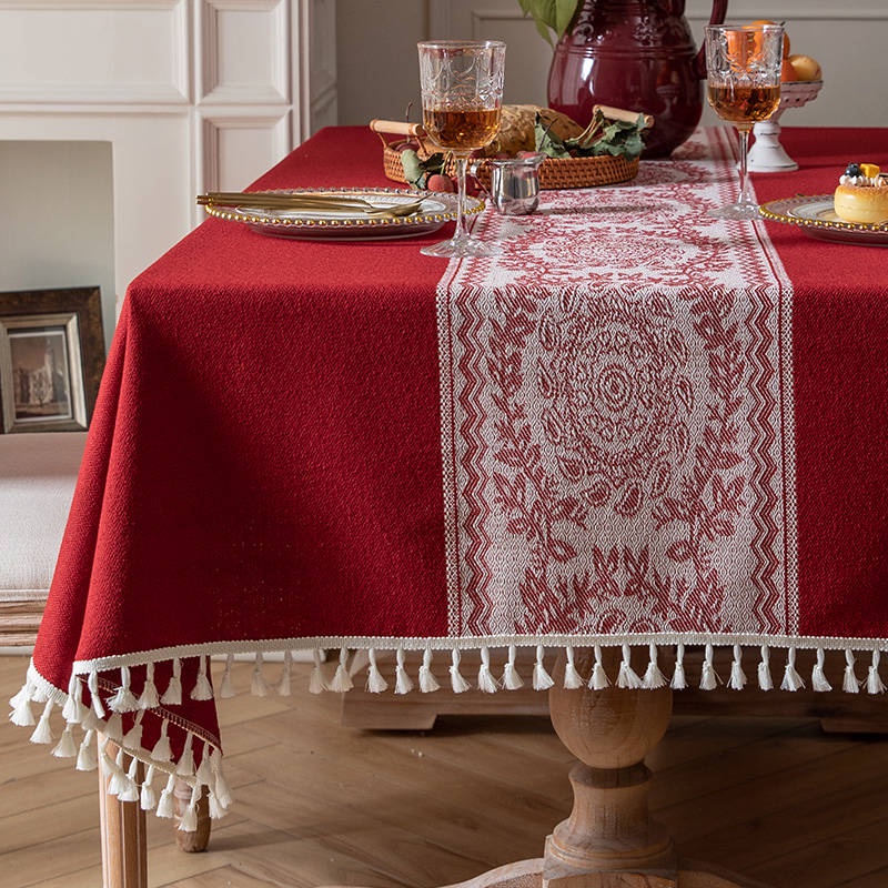 ผ้าปูโต๊ะ ผ้าปูโต๊ะงานแต่งงานสไตล์จีนใหม่สีแดงย้อนยุคดอกไม้พู่บ้านงานแต่งงานโต๊ะกาแฟผ้าปูโต๊ะสี่เหลี่ยม