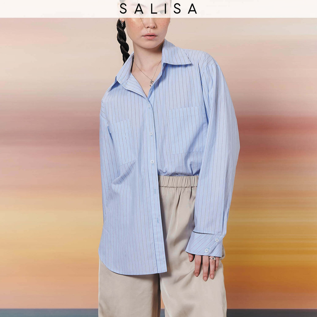 SALISA - Oversized Boyfriend SHIRT Striped Blue เสื้อเชิ้ตแขนยาว