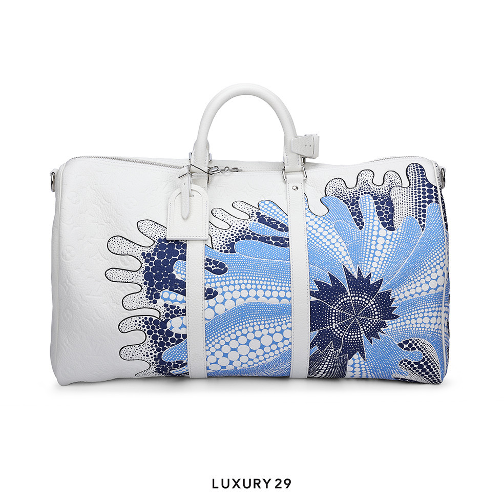 LV x YK Keepall Bandoulière 50 Bag White Taurillon Monogram cowhide leather with Psychedelic Flower print