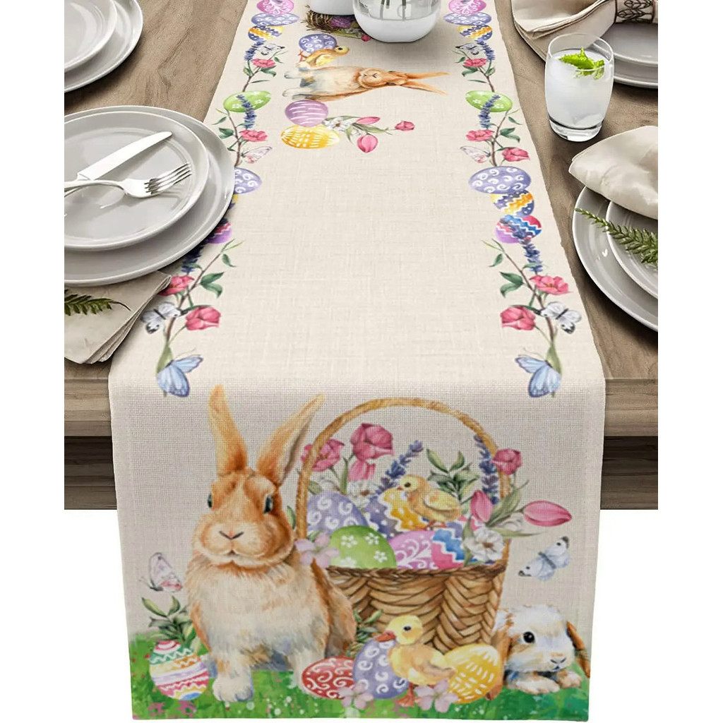 Spring Rabbit Colorful Eggs Tulip Easter Linen Table Runners Party Table Decor Farmhouse Dining Tabl