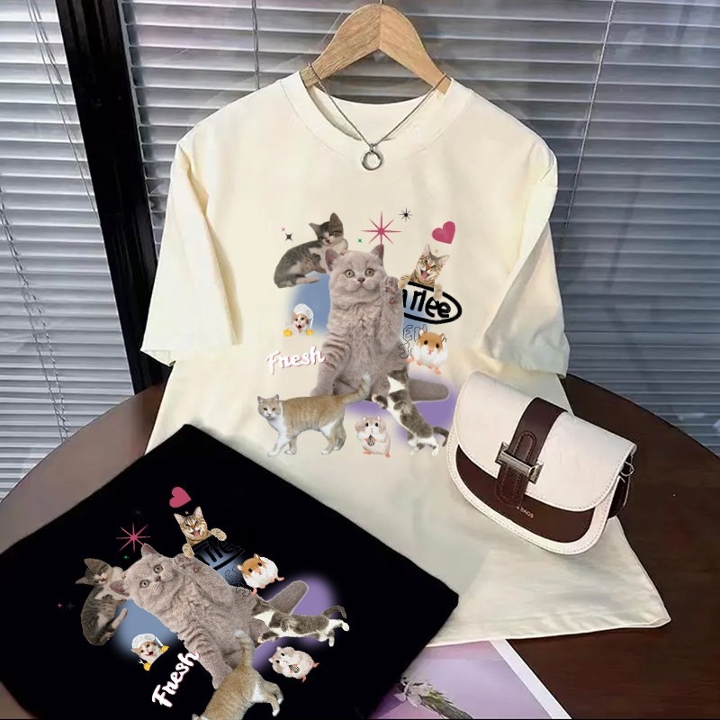 เสื้อยืด แขนสั้น ลายน้องแมวน่ารัก ผ้านิ่ม เด้ง ใส่สบาย สไตล์เกาหลี