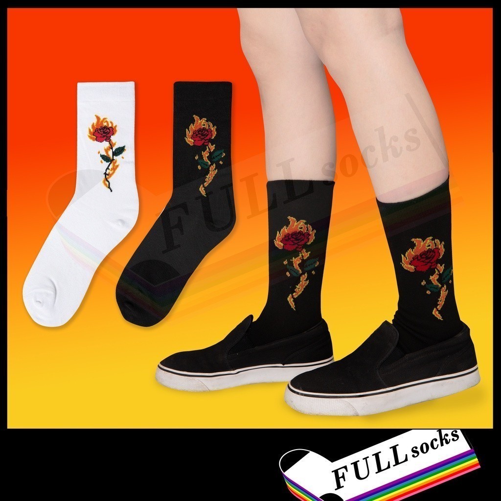 ถุงเท้าลาย​ กุหลาบไฟ ขนาด Free Size Rose Fire Socks