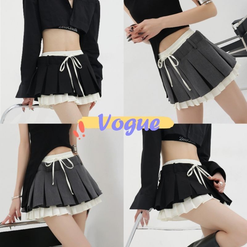 Vogue พร้อมส่ง กระโปรงเอวกลาง ทรงพลีส ดีเทล2ชั้นเก๋ๆ สีมินิมอลเทาดำ (2927-NZ-XM)