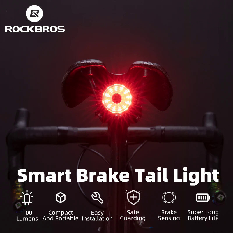 ROCKBROS จักรยานไฟท้ายสมาร์ทเซ็นเซอร์เบรกไฟท้ายโคมไฟแบบชาร์จไฟท้าย MTB จักรยานแสงขี่จักรยานอุปกรณ์จักรยาน