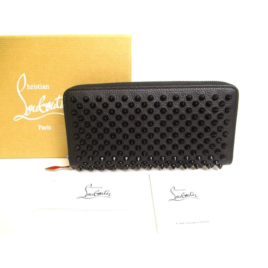 Authentic Christian Louboutin Panettone Black Leather Spikes Round Zip Wallet #9877  Pre-owned