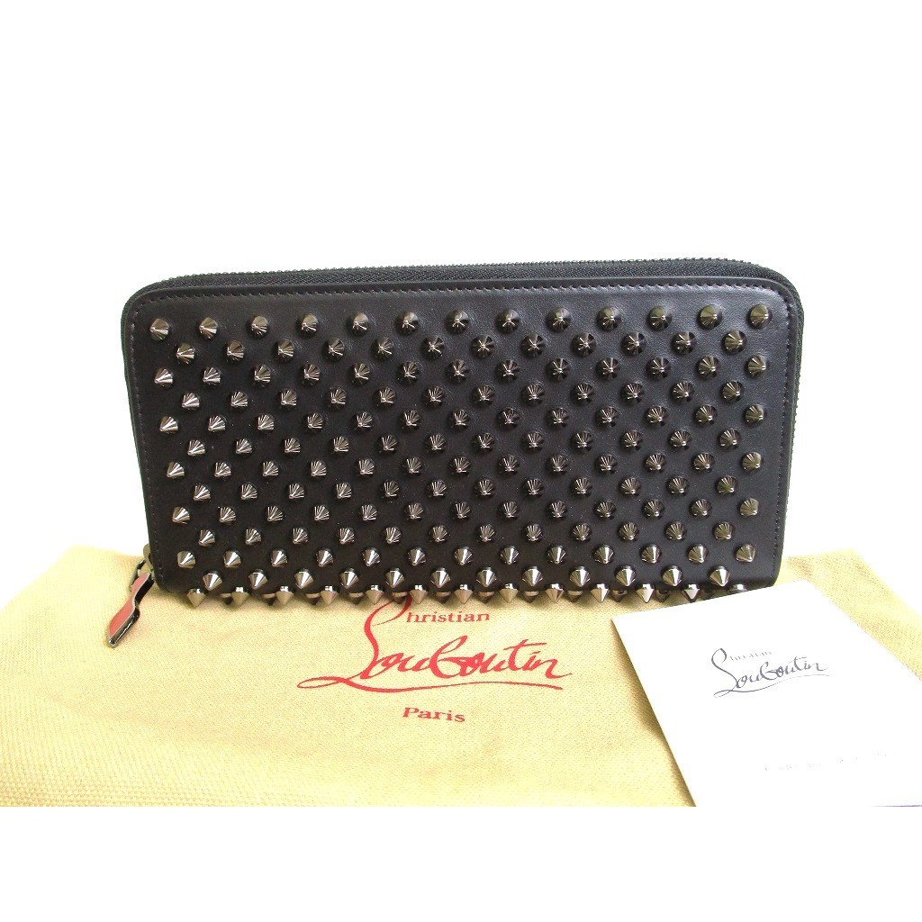 Authentic Christian Louboutin Panettone Black Leather Spikes Round Zip Wallet #9954  Pre-owned