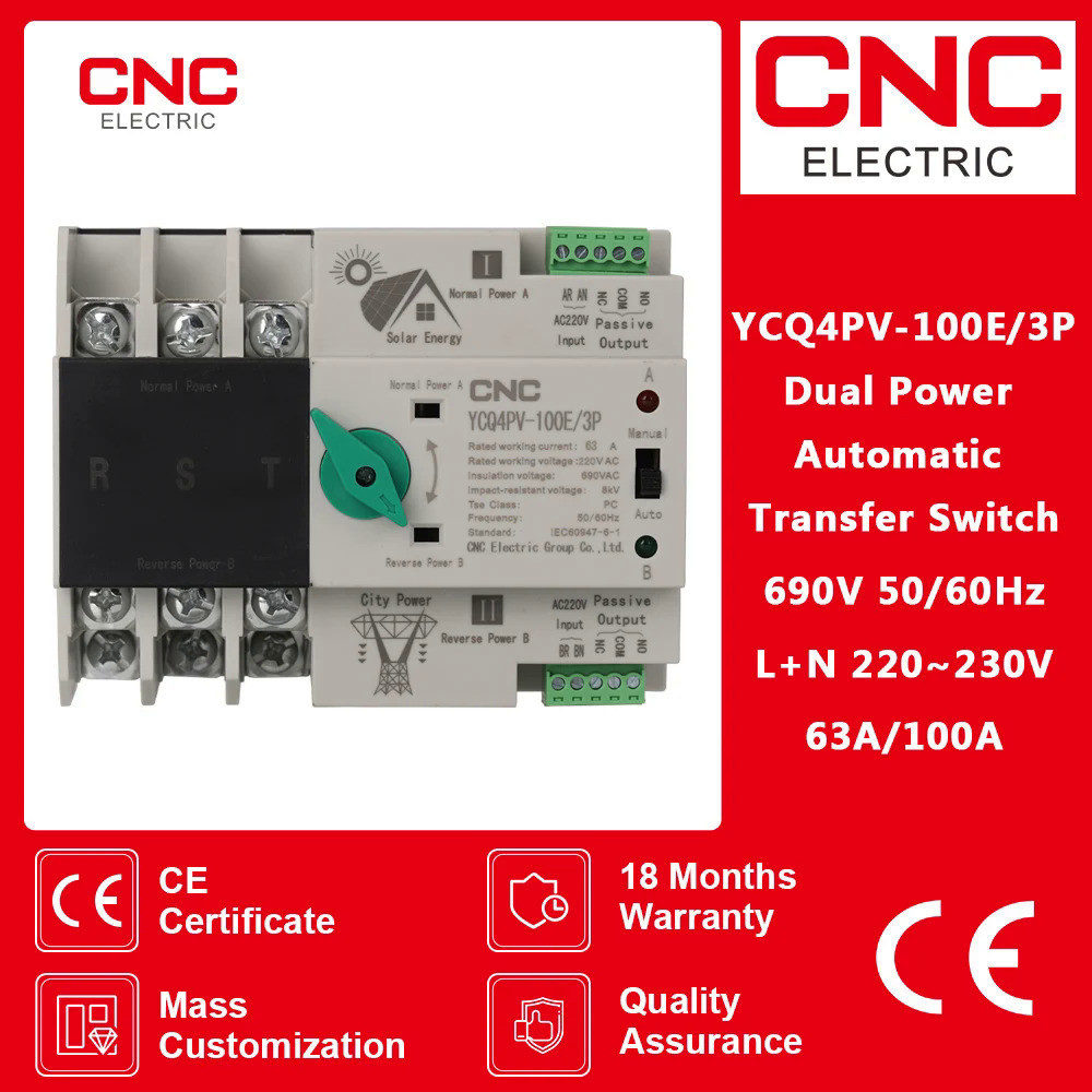 CNC 3P 100A ราง Din ATS สำหรับ PV และอินเวอร์เตอร์ Dual Power Automatic Transfer Selector Switches Uninterrupted
