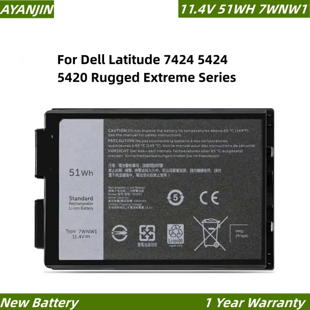 7WNW1 11.4V 51Wh Laptop Battery for Dell Latitude 7424 5424 5420 Rugged Extreme Series Notebook P85G