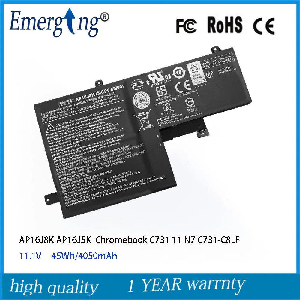 11.1V AP16J8K แบตเตอรี่แล็ปท็อปสำหรับ Acer Chromebook C731 11 CB311-7H AP16J5K 11 45Wh