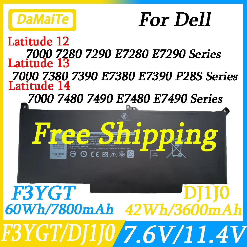 แบตเตอรี่แล็ปท็อป DJ1J0สำหรับ Dell 7480 2X39G Latitude 12 7000 7280 7290 E7280 E7290 F3YGT 13 7000 7