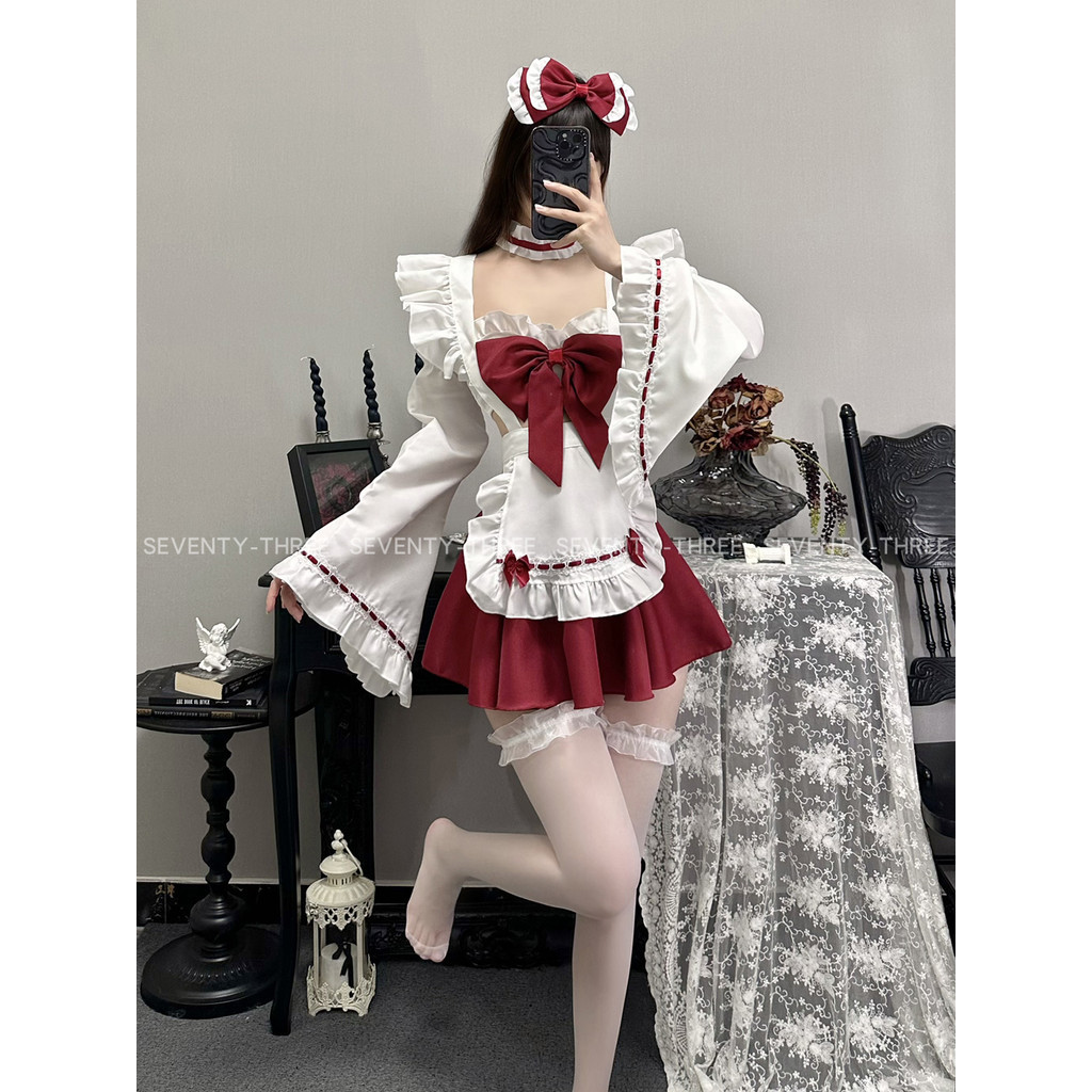 C & S (witch Cafe) cute red and white maid skirt outfit chest-wrapped apron cospaly