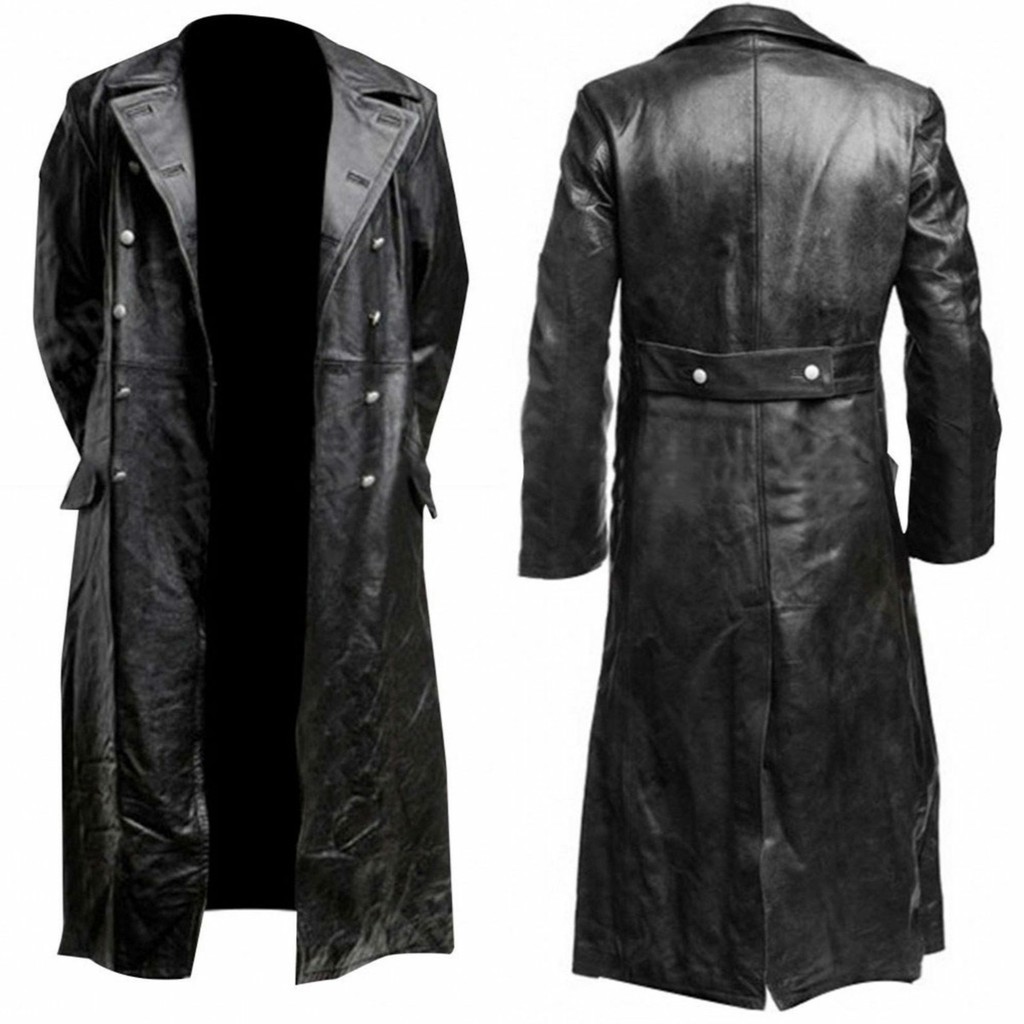 MEN'S German classic WW2 military uniform officer black real leather trench coat