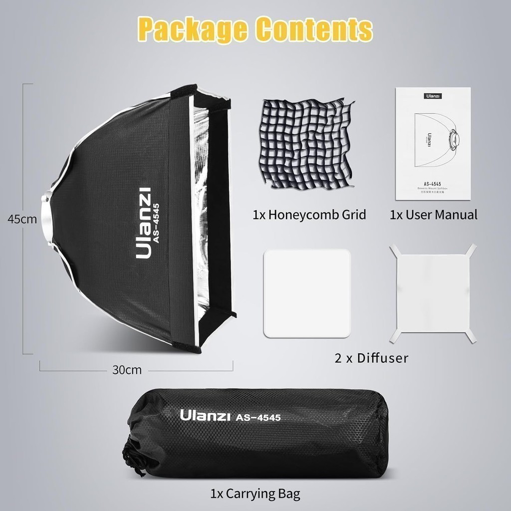 Ulanzi AS-4545 Softbox 45x45CM โคมร่ม 4 เหลี่ยม พร้อมกริด แบบ Bowen Mount สำหรับไฟสตูดิโอ ไฟแฟลช